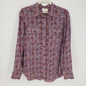 J. Crew Blythe 100% Silk Floral Print Button Down Shirt Top 8 Womens  Red Blue